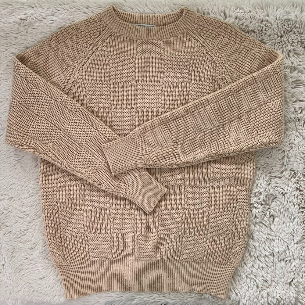 Vintage Sears Beige Grandpa Checkered Knit Crewneck Sweater Acrylic Size Medium
